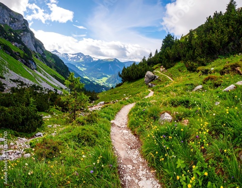 Mountain path winding through wildflowers and alpine meadows