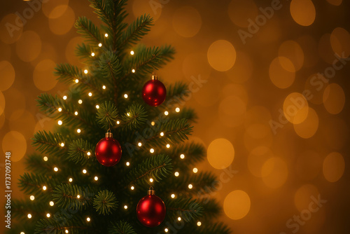 Beautiful Christmas Tree with Red Ornaments and Warm Lights