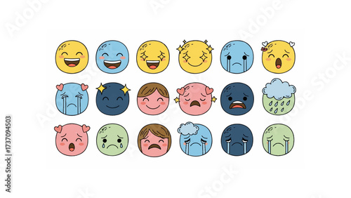 Collection of cartoon emoji faces showing various emotions and expressions in a colorful arrangement