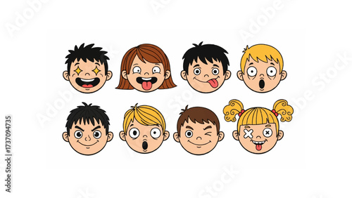 Cartoon illustration of eight diverse children faces expressing various emotions and facial expressions in a grid