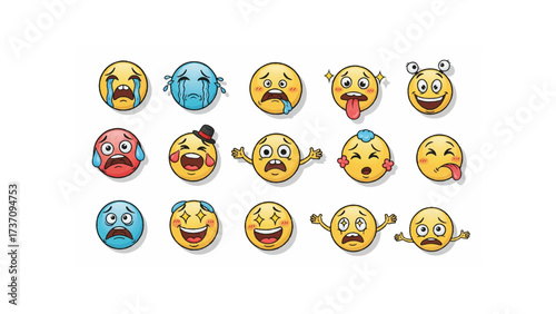 Collection of cartoon emoji faces displaying a variety of emotions and expressions in a playful style