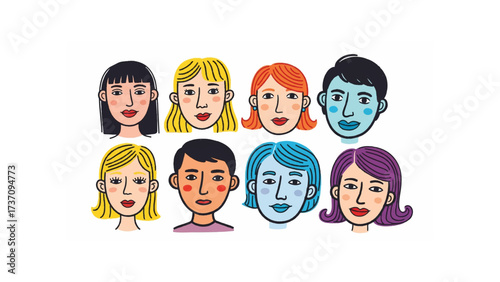 Collection of diverse cartoon faces with various hairstyles and skin tones arranged in two rows