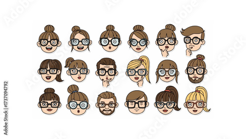 Collection of cartoon faces with various hairstyles and expressions wearing square framed glasses