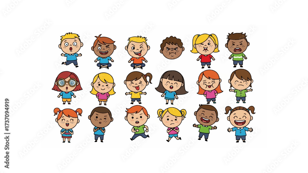Fototapeta premium Group of diverse cartoon children characters smiling and posing together isolated on a white.