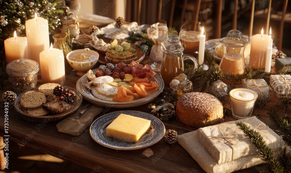 Naklejka premium Festive Table Arrangement with Delicious Treats and Decorations