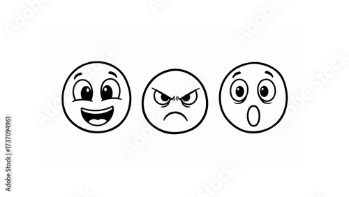 Three cartoon eggs displaying different emotions including happy angry and surprised in black and white line art