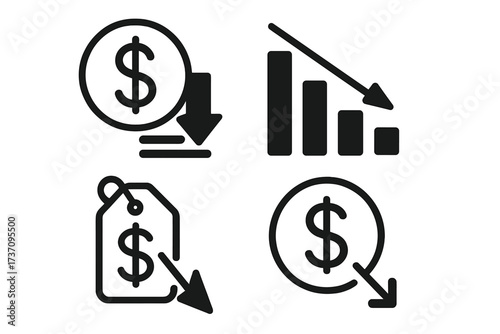Cost reduction icon set. Price drop, sale tag, dollar down symbol. Financial crisis, economy recession graph. Money decrease, business marketing vector illustration.