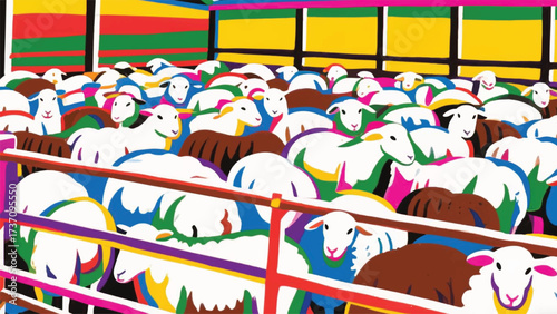 A Group of Sheep in a Pen Farm Illustrator Artwork Banner Background Design Template 