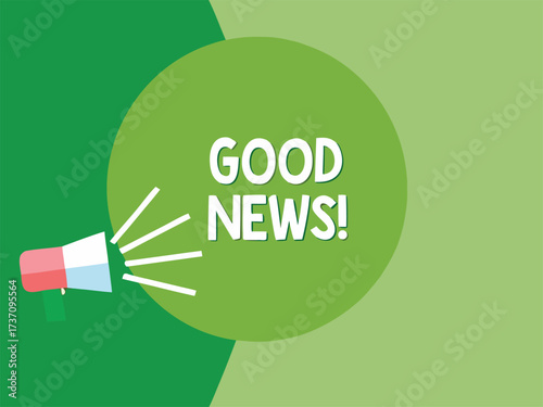 Megaphone announcing Good News on green background announcement