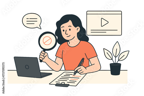 Creative writing, copywriting, online education concept. A proofreader edits a text document, checking for errors and fact-checking. Storytelling, grammar correction, transcription.