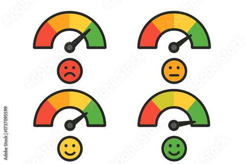 Customer satisfaction meter icon set. Feedback emoticon scale from red to green. Mood survey rating. Performance indicator gauge. User experience review vector speedometer.