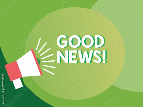 Red and white megaphone announcing good news on a green gradient background announcement message