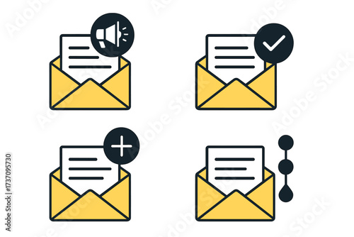 Email marketing icon set for newsletter promotion and subscription. Vector icons for drip campaign, new mail, confirmation, and announcement. Flat design digital marketing.