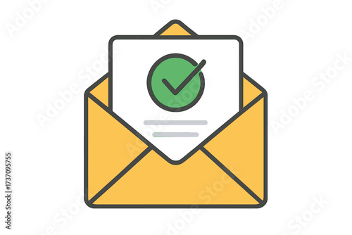 Email delivery confirmation. Envelope with document and green check mark. Message sent success. Vector icon for approved notification, verified task complete, and valid letter.