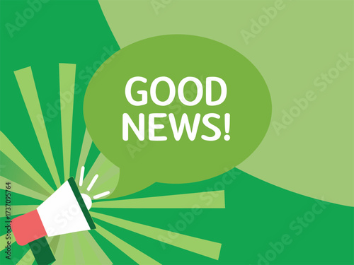 White Megaphone with Good News Speech Bubble on Green Sunburst Background announcement communication