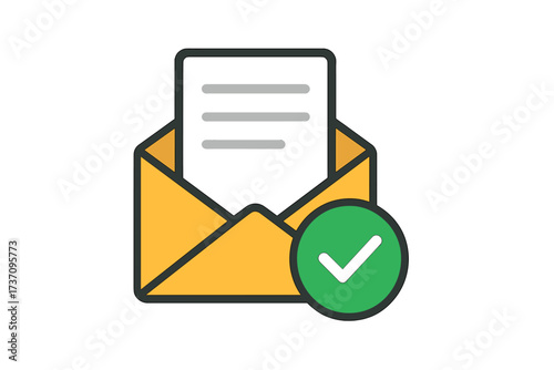 Successful e-mail delivery confirmation. Envelope with document and green check mark icon. Mail sent and approved. Verified notification, task completed, subscription confirmed.