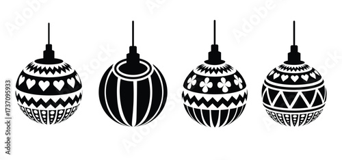Christmas decoration black and white modern bulb icon vector set, Christmas baubles light vector illustration, Christmas decorative balls vector, Christmas ornaments element collection