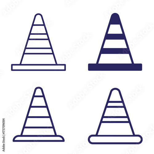 Collection of simple outline style road traffic cones in various color and stripe arrangements
