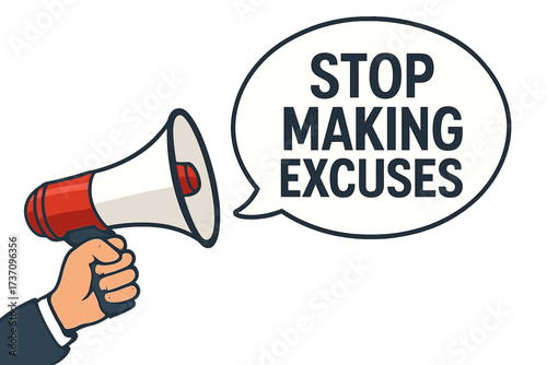 Hand holding megaphone with Stop Making Excuses text. Motivation and inspiration concept for business, marketing. No procrastination, take action now. Vector banner illustration.