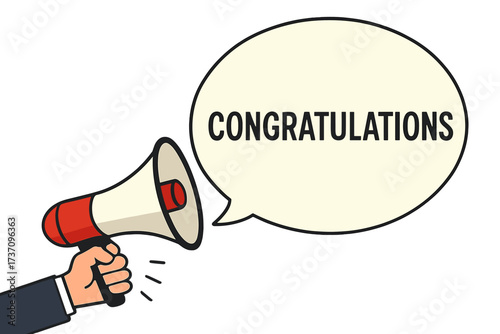 Hand holding megaphone with Congratulations speech bubble. Loudspeaker for business, marketing, and advertising announcement. Vector illustration for promotion, success, celebration.