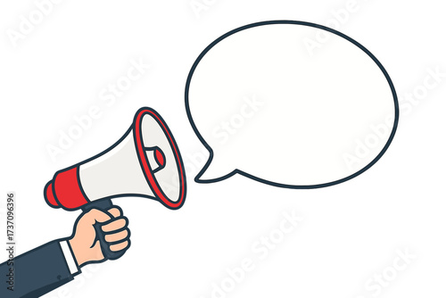 Hand holding megaphone with speech bubble. Loudspeaker for business marketing, advertising. Important announcement, promotion, alert. Social media communication vector illustration.