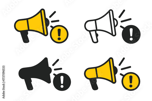Megaphone announcement icon set. Attention alert symbol for business and marketing. Loudspeaker important notice vector collection. Promotion and advertising graphic element design.