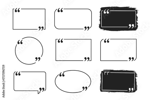 Quote box frame big set. Texting quote boxes blank template. Quotation bubble for blog, testimonials, and comments. Creative vector banner illustration design element.