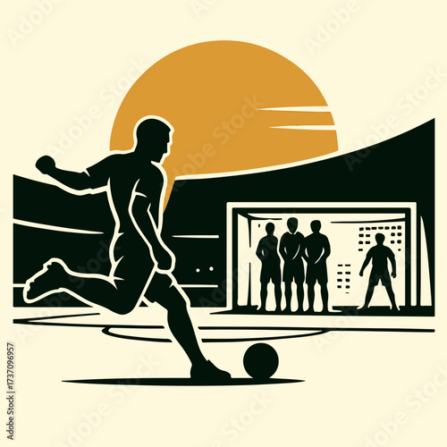 Soccer forward dribbling to goal goalkeeper challenge competitive football stadium vector