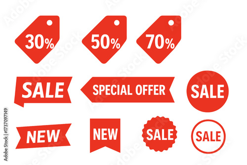 Sale tags vector collection. Set of new labels, discount ribbons, special offer banners. Shopping icons and promotional price badges with 30, 50, 70 percent off for retail.