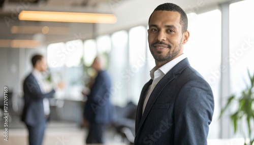 Confident diverse businessman smiling positively in a modern corporate office environment, portraying leadership and success in a professional setting with blurred colleagues in the background