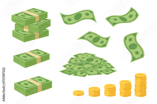 Money vector illustration set. Green dollar bills, banknotes in bundles, flying cash, and gold coins stacks. Finance, banking, and wealth concept. Cartoon currency collection.