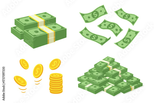 Money icon set for finance and banking concepts. Includes various currency types: packed banknote bundles, flying bills, and gold coins. Flat vector cartoon illustration of a cash heap or pile.