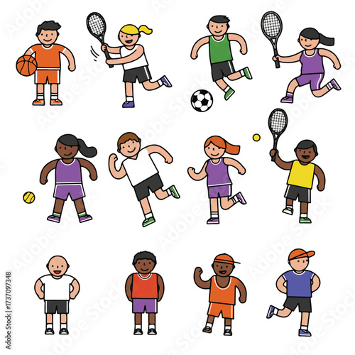Vector illustration of diverse flat 2D people characters engaged in various sports activities on a clean, isolated white background, showcasing athleticism and teamwork.