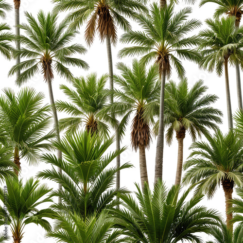 Dense tropical palm trees. Lush green foliage. Tall trunks