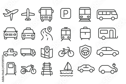Transport line icon set. Car, airplane, bus, train and travel vehicle icons. Public transportation, navigation, parking and mobility concept symbols. Vector pictogram collection.