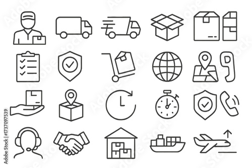 Set of 24 delivery and logistics web icons in line style. Pictogram collection for courier, shipping, express delivery, order tracking, e-commerce, and customer support.