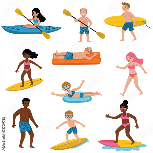 Vibrant 2D flat design people characters are depicted swimming and joyfully playing a variety of water sports activities against a clean, plain white background.