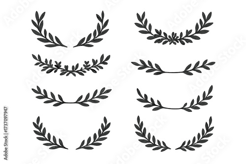Set of black laurel branches, vintage hand-drawn vector laurel leaves, decorative floral ornament dividers, wreath elements for awards, design swirls, nature foliage accents