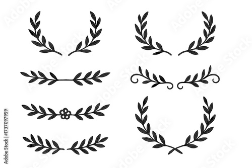 Set of black laurel branches and vintage flower ornament dividers collection, hand-drawn vector laurel leaves decorative elements with swirls, award wreaths, nature foliage design