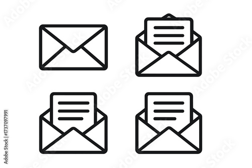 Set of envelope icons with paper documents, closed and open letters, correspondence and office mail delivery symbols, vector illustration for communication and messaging concepts