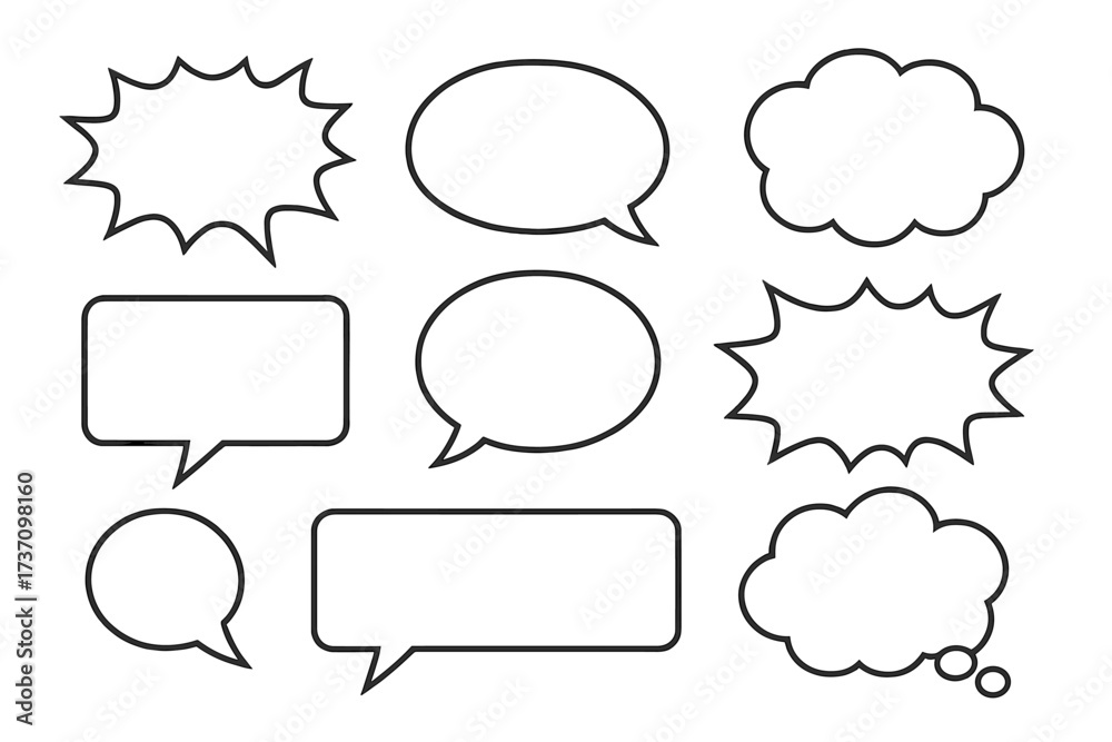 Obraz premium Set of blank retro speech bubbles, comic dialog balloons, stickers vector illustration with transparent background, cartoon conversation icons, dialogue clouds collection