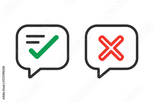 Speech bubble with green check mark and red cross symbol, dos and don'ts concept, simple modern flat logotype design, checklist element, accept reject signs, evaluation quiz indicators