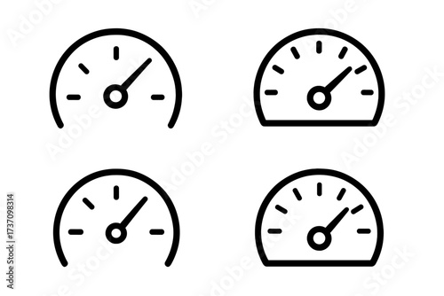 Speed metering icon set vector illustration, isolated on white background, transparent background, ordered collection of speedometer gauge symbols, velocity and performance indicators