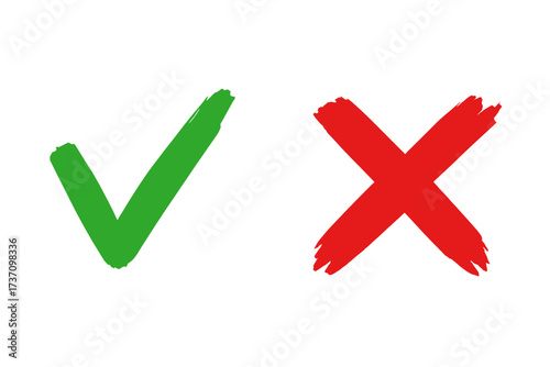 Green checkmark and red cross brush stroke signs, tick and cross icons, yes and no symbols, approval and rejection marks, isolated on white, simple graphic design, voting buttons