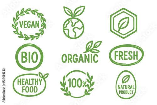 Vegan Eco Bio Organic Fresh Healthy 100 Percent Natural Food Emblems, Natural Product Badges, Cafe Logos, Tags, Labels, Packaging Vector Illustration
