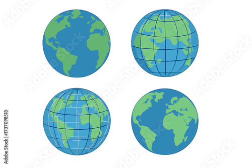 Globe collection set vector illustration. Planet Earth with continents and grid. World map icons for global business, travel, and geography concepts. Simple flat design.