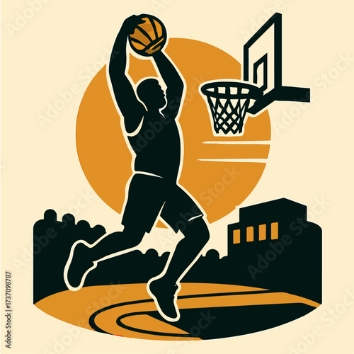Powerful basketball dunker soaring to rim dynamic highlight stadium badge vector