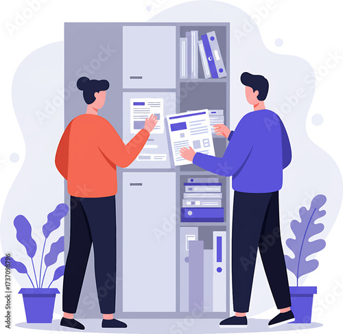 Two Colleagues Reviewing Documents Office Collaboration Casual Attire Flat Design Illustration.