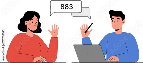 Animated Illustration of a Man and Woman in a Video Conference Waving Hands Number 883 in Speech Bubble.