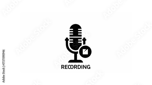 Illustration of a black microphone with a recording indicator and the word recording below it
